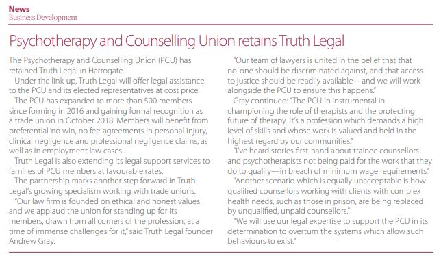pcu-truth legal feature in yorkshire lawyer magazine